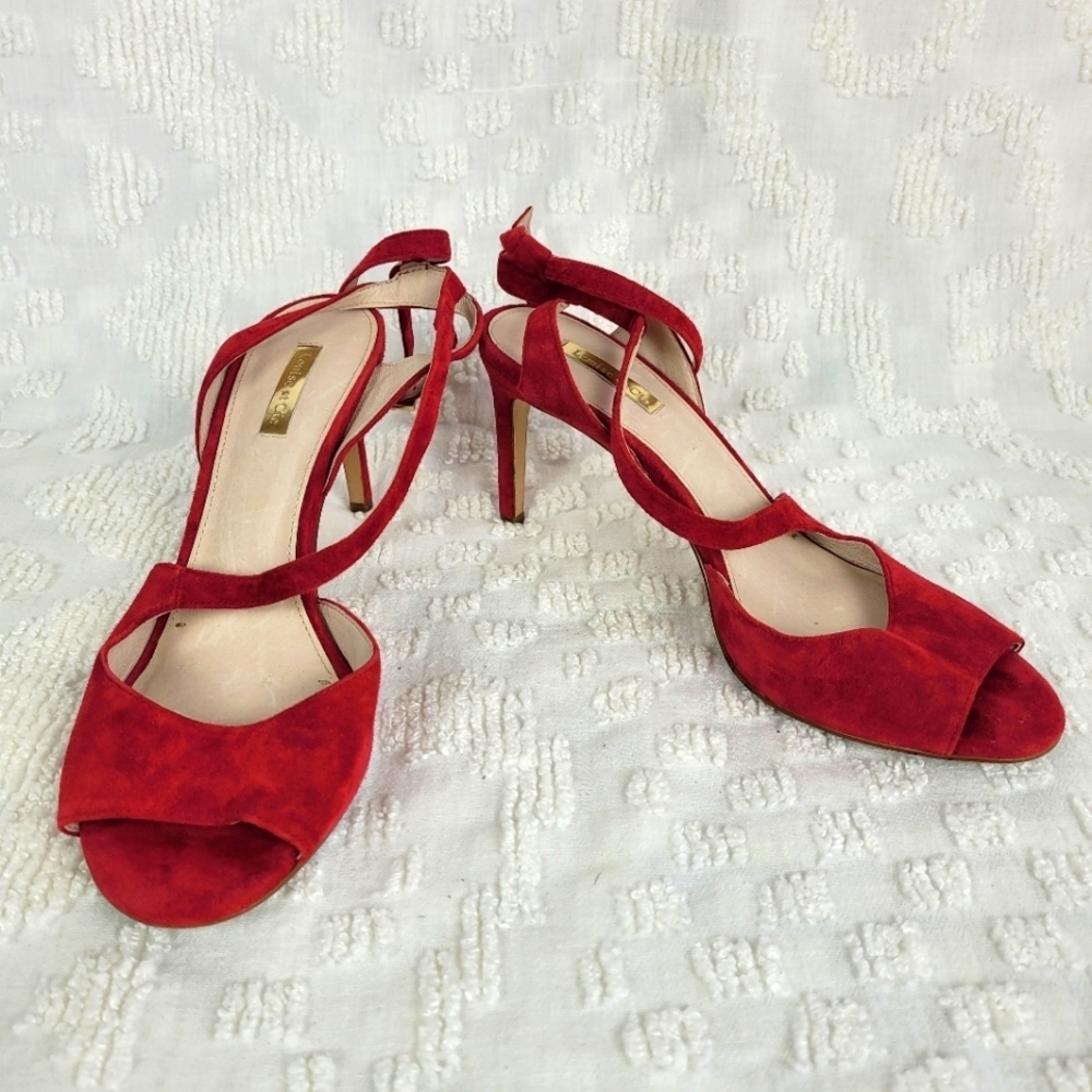 Louise et Cie red suede stiletto sandals diagonal front strap ankle strap 9.5